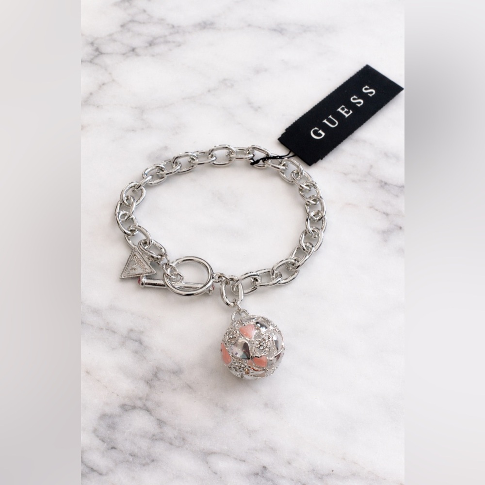 Guess Silver Gotta Have a Ball Pink  Heart Charm Bracelet Love Valentine’s